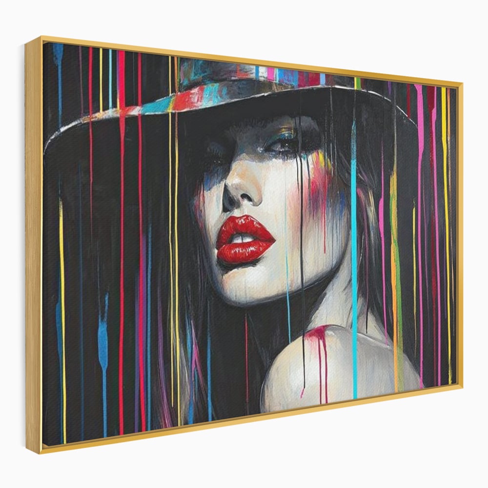 Tablou canvas cu tablou canvas cu portret de femeie si buze rosii, in rama de aluminiu auriu